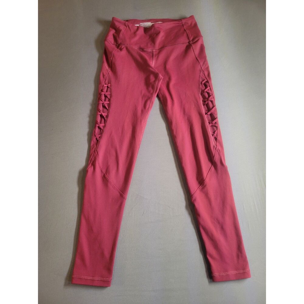 Victoria Sport Small Knockout Lattice Strappy Leggings Red High Rise Mesh Tights